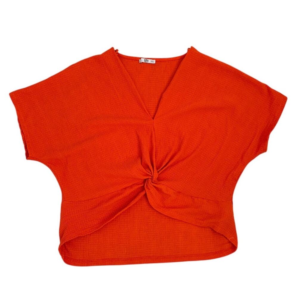 Zara Bright Orange Twist Front V-neck Crop Top Crepe Textured Shirt Size Large